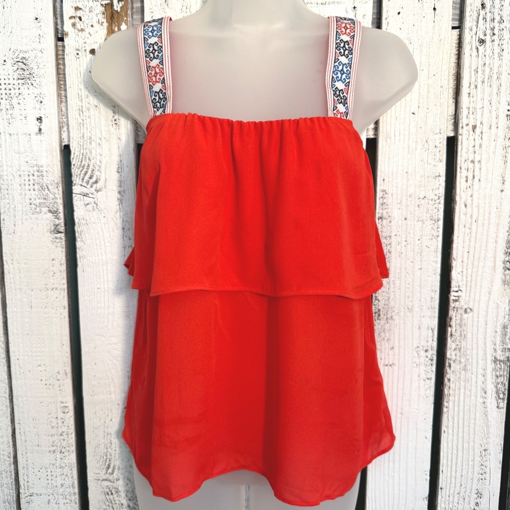 J.Crew Red Tiered Ruffle Top Embroidered Straps Size 6 Boho Summer Flirty Hippie